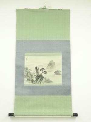 石舟筆　淡色山水　肉筆絹本掛軸